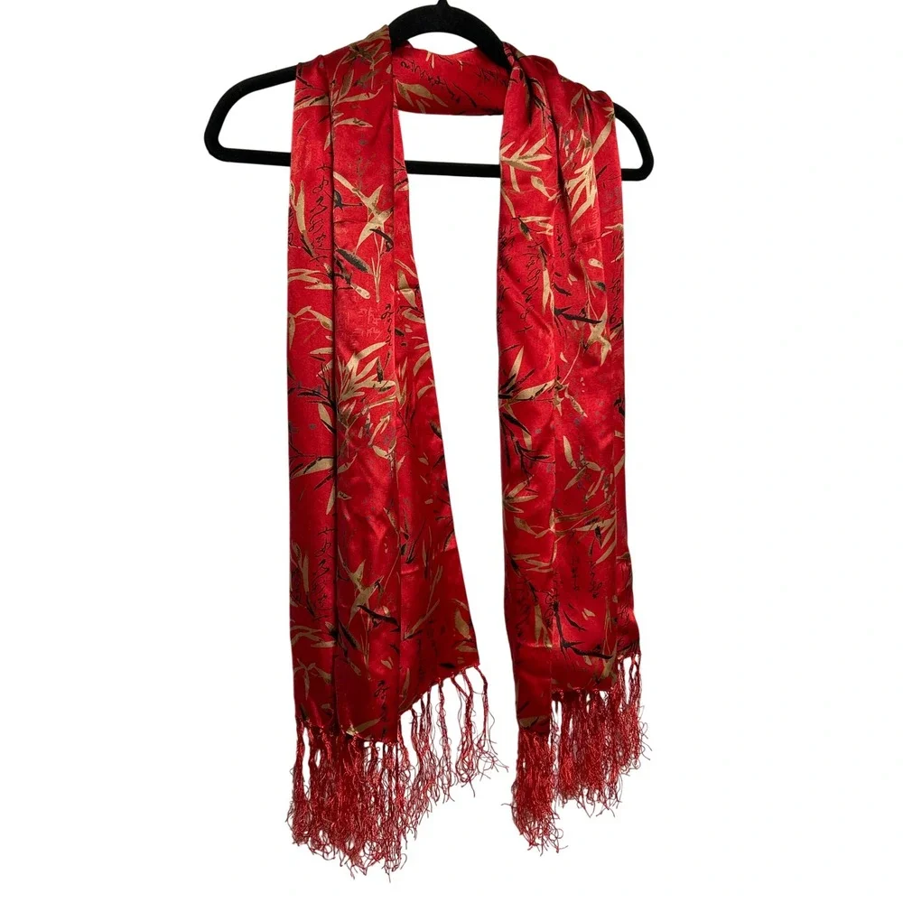 Bamboo Calligraphy Print‎ 100% Silk Fringe Wrap Scarf Red Gold Black 58
